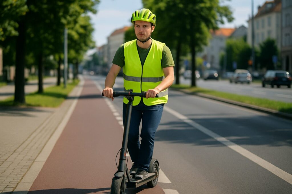 Osoba w kasku i kamizelce odblaskowej jedzie hulajnogą elektryczną po drodze dla rowerów