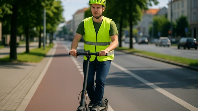 Osoba w kasku i kamizelce odblaskowej jedzie hulajnogą elektryczną po drodze dla rowerów